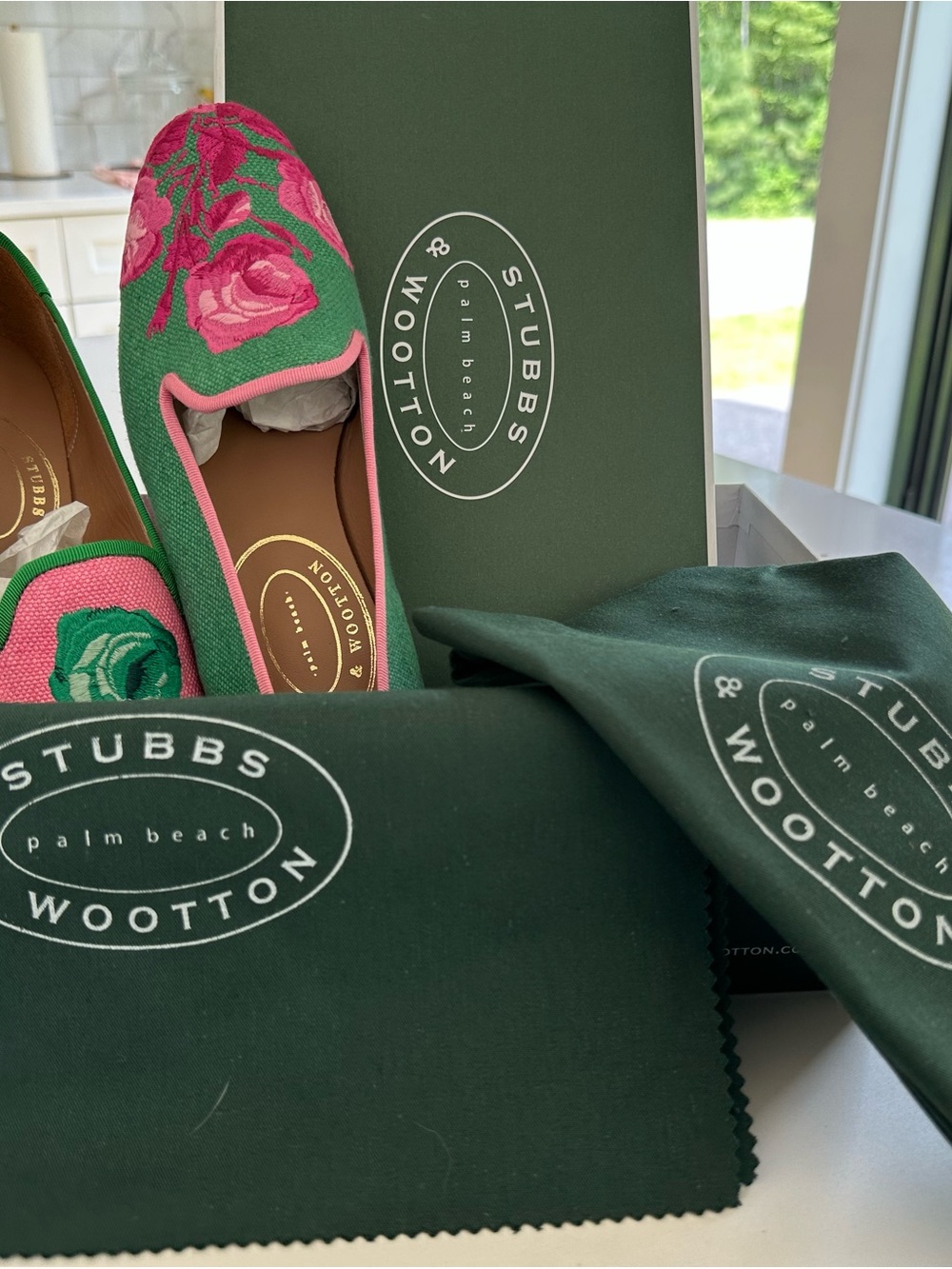 Stubbs & Wootton Pink and Green Floral Embroidered Slip-On Loafers - Picture 2 of 7